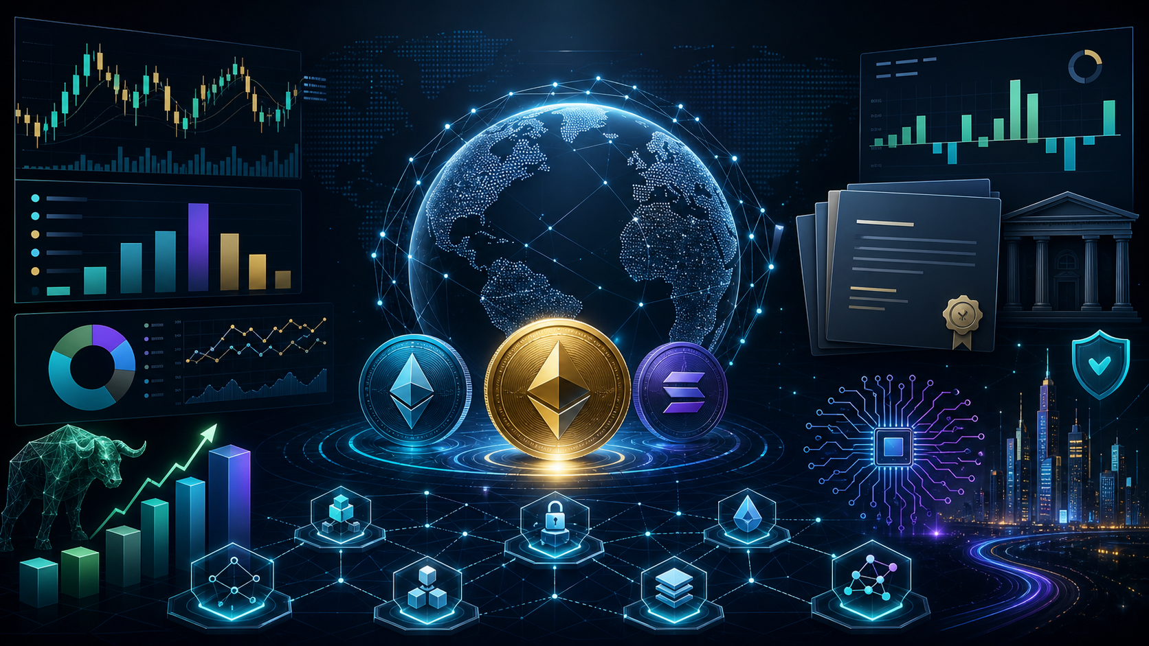 Digital market dashboard representing crypto, Web3, DeFi, regulation and AI news