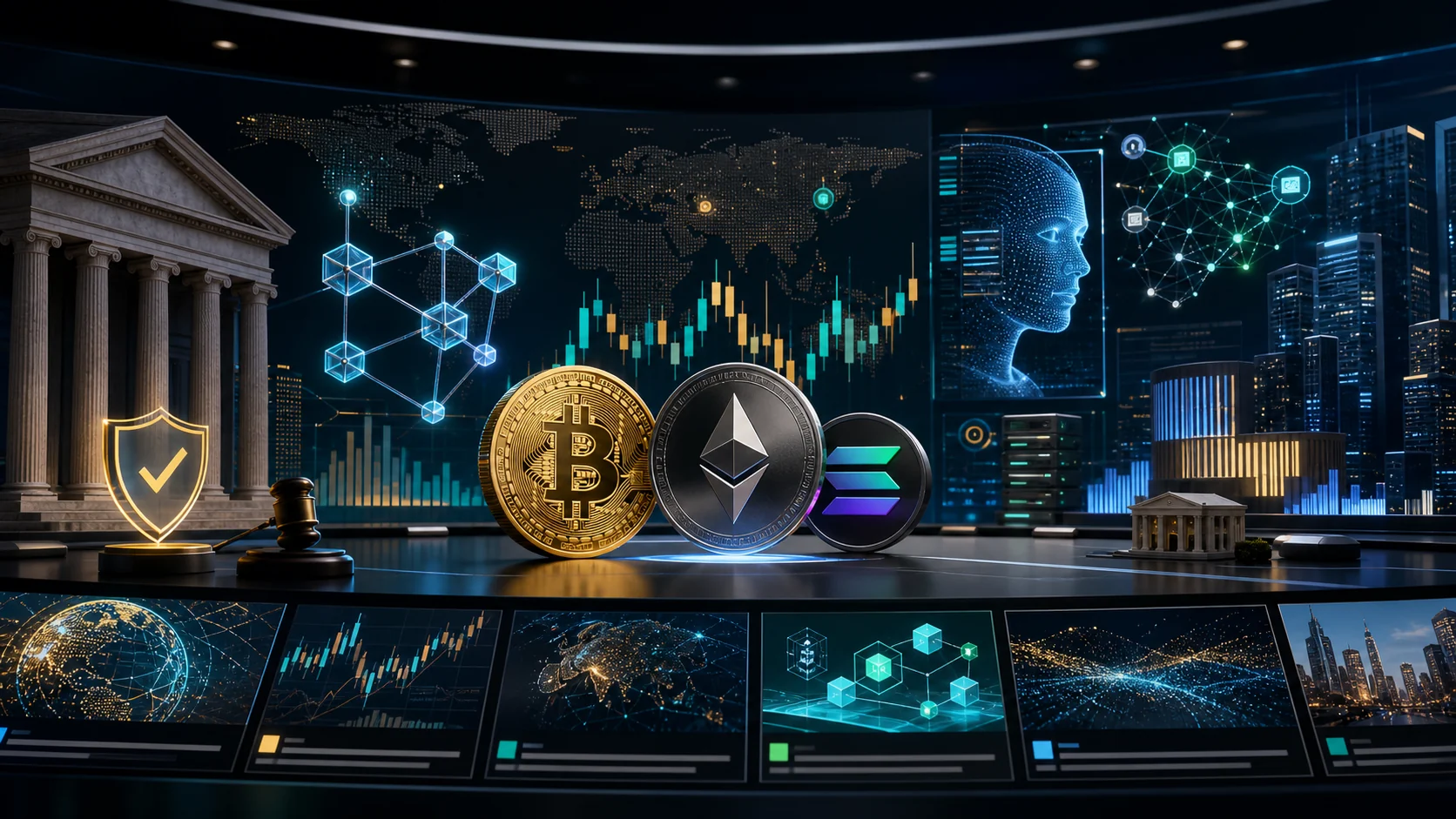 仮想通貨、Web3、DeFi、規制、AIのニュースを表すデジタル市場ダッシュボード